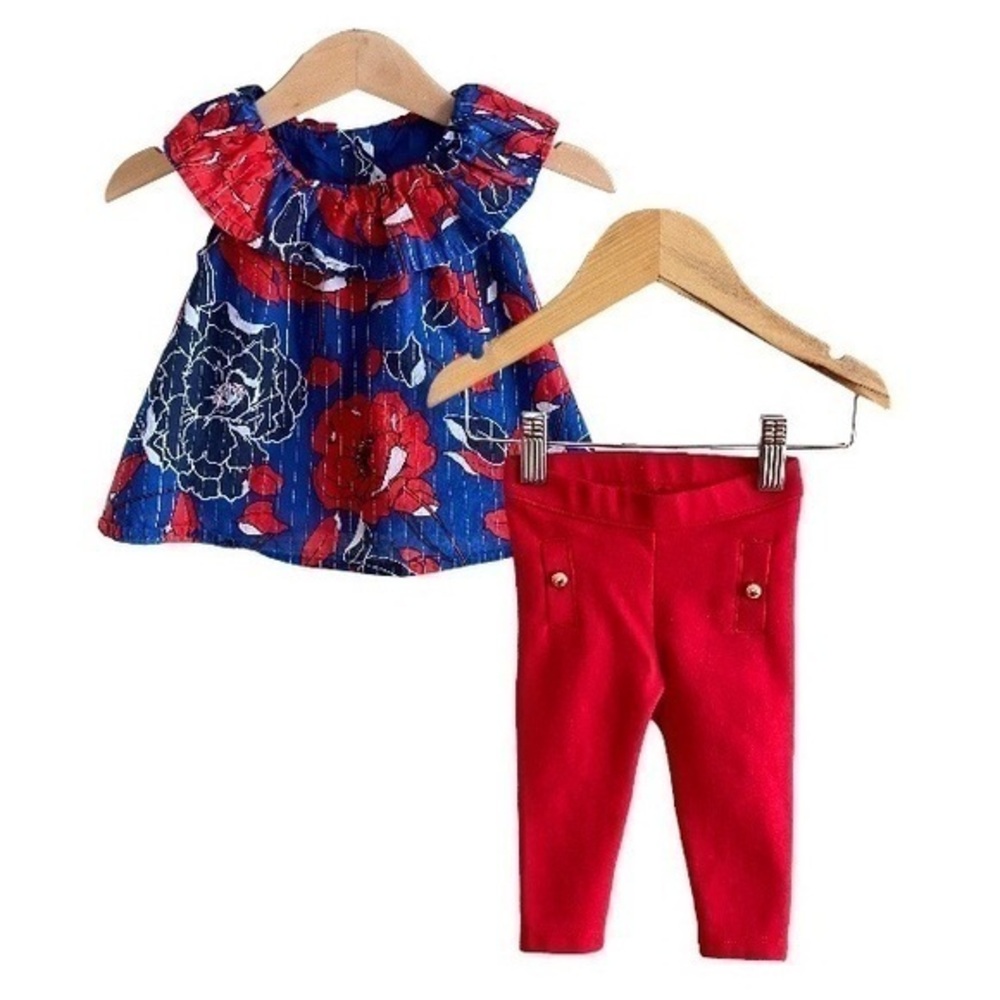 Janie and Jack Blue Red Gold Floral Lurex Top Red Button Ponte Pants Outfit 0-3m